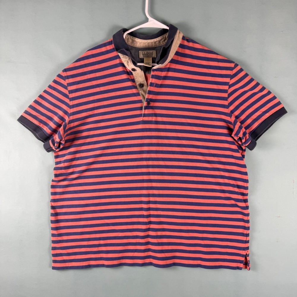 Vintage L.L. Bean Casco Bay Polo Mens XL Coral Navy Striped Short Sleeve Shirt